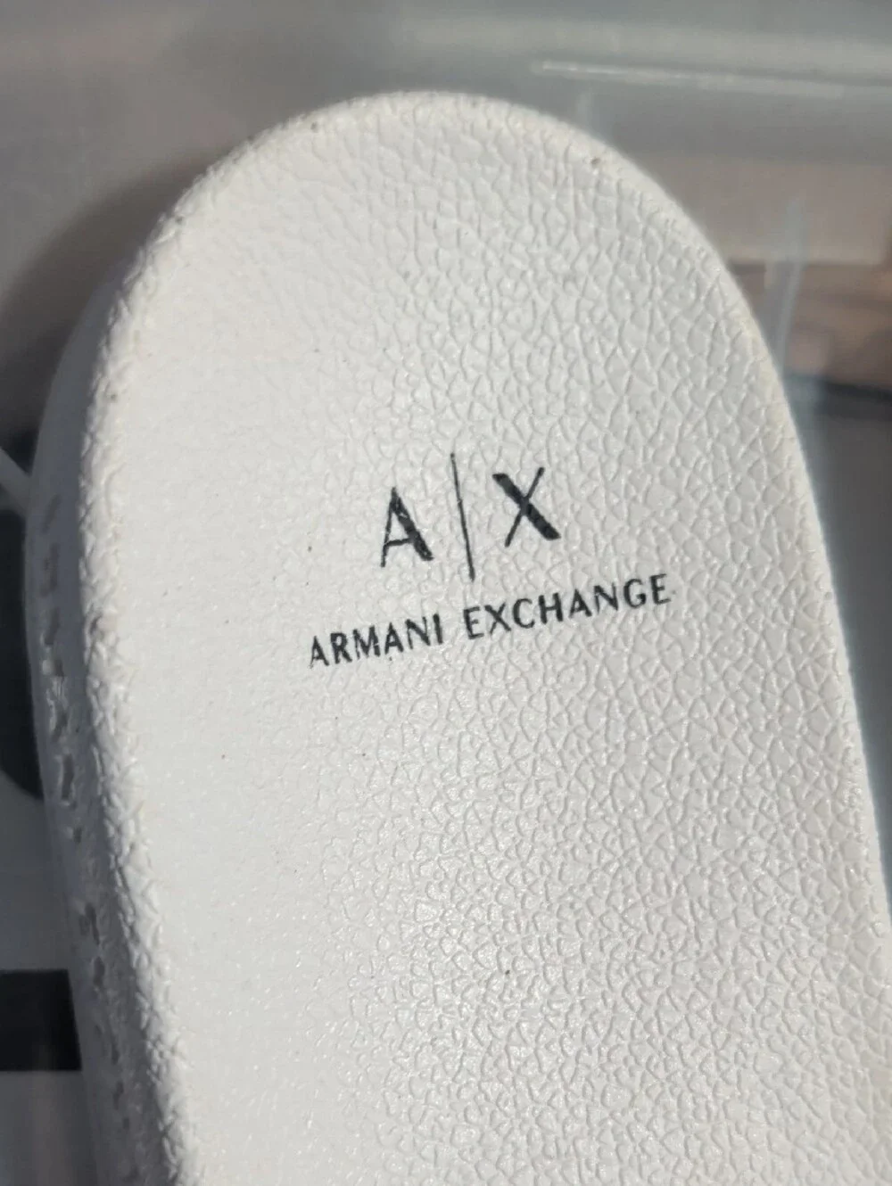 Men's Size 9.5 Armani Exchange White Slides with Bold Black Logo Strap